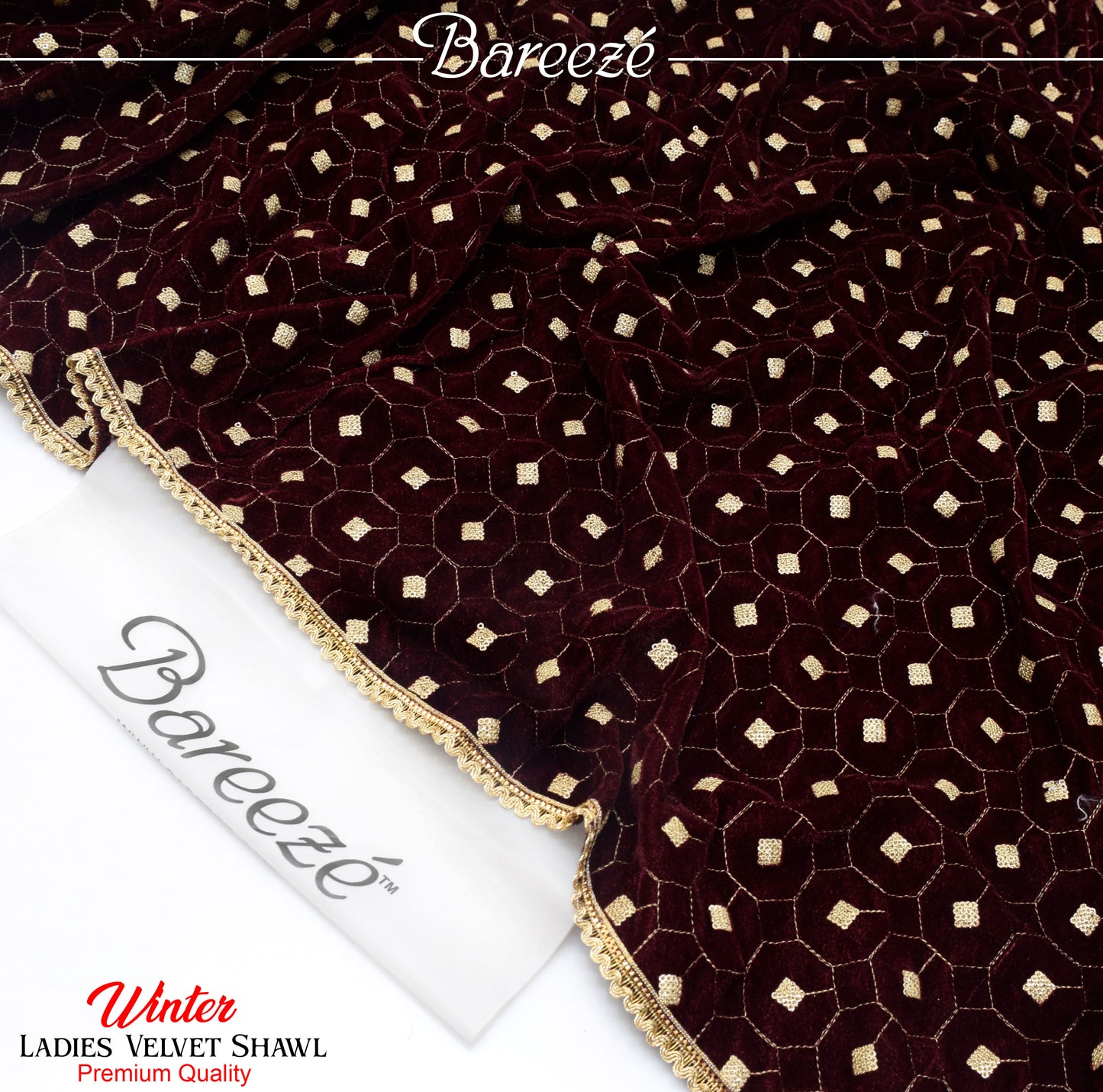 Bareeze Velvet Shawl Mehroon Jaal Emb