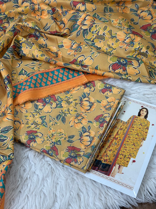 PEACH LTHR PRINTED 3-PC WINTER UNSTITCHED (D-9)