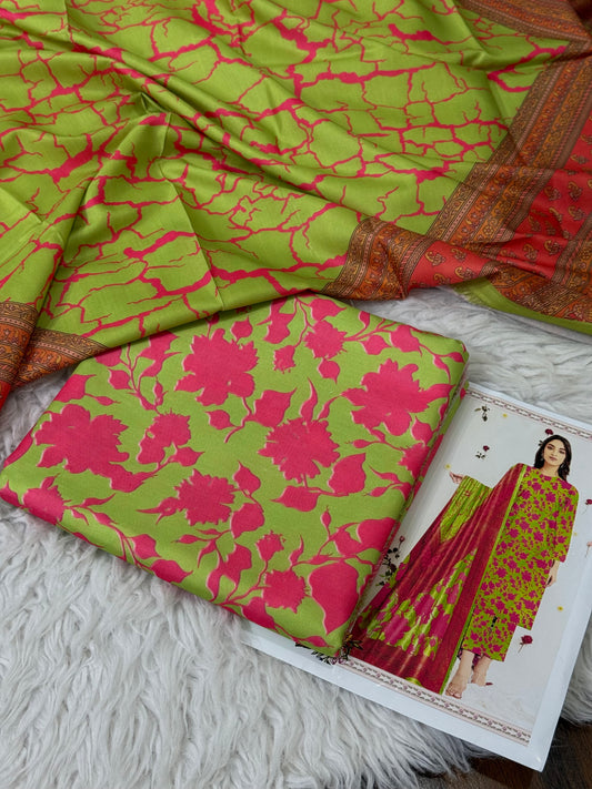 PEACH LTHR PRINTED 3-PC WINTER UNSTITCHED (D-7)