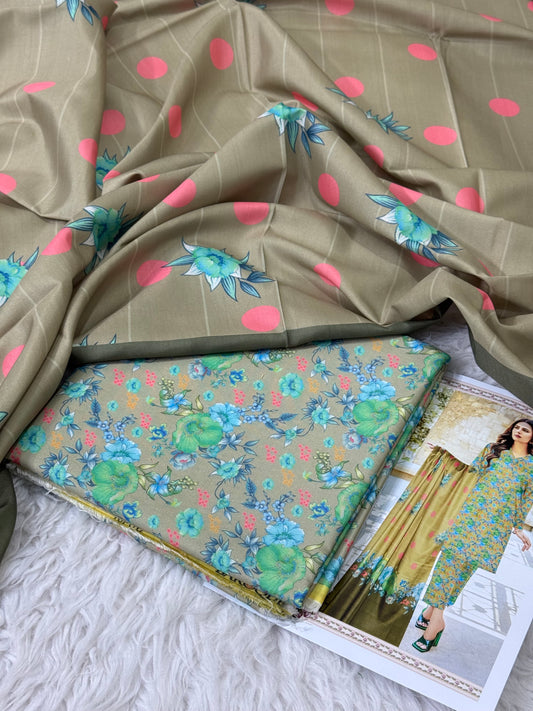 PEACH LTHR PRINTED 3-PC WINTER UNSTITCHED (D-5)