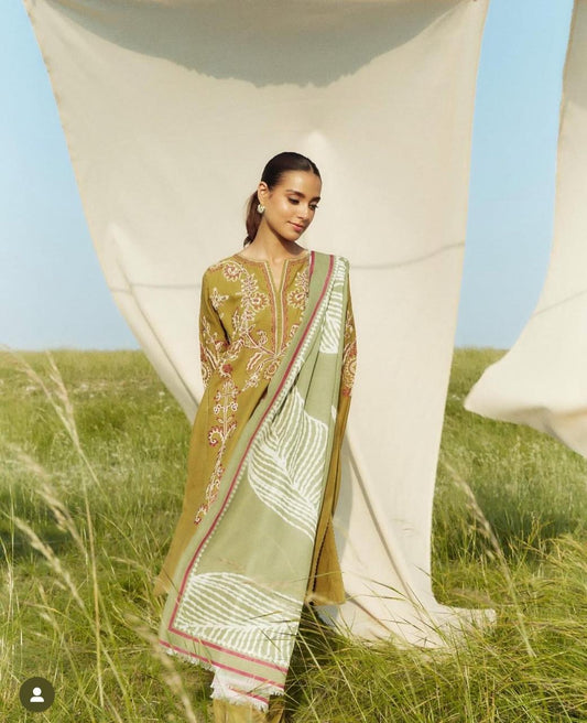 ZARA SHAHJAHAN.3PC LAWN EMBROIDERED SHIRT WITH MONARK PRINT DUPATTA AND TROUSER