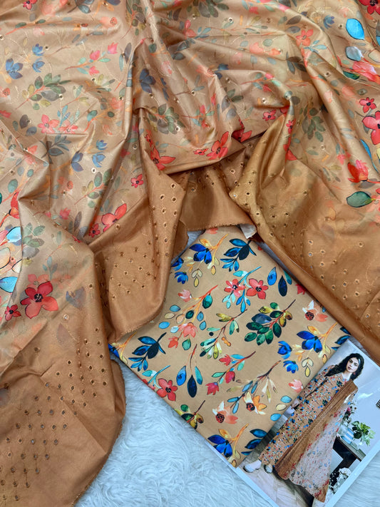 PEACH LTHR PRINTED 3-PC EMBRDRD DUPATTA WINTER UNSTITCHED (D-24)