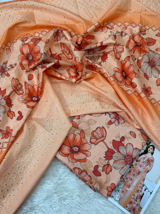 PEACH LTHR PRINTED 3-PC EMBRDRD DUPATTA WINTER UNSTITCHED (D-26)