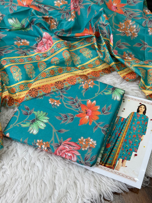 PEACH LTHR PRINTED 3-PC WINTER UNSTITCHED (D-8)