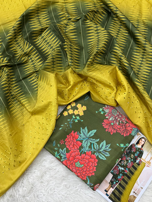 PEACH LTHR PRINTED 3-PC EMBRDRD DUPATTA WINTER UNSTITCHED (D-30)