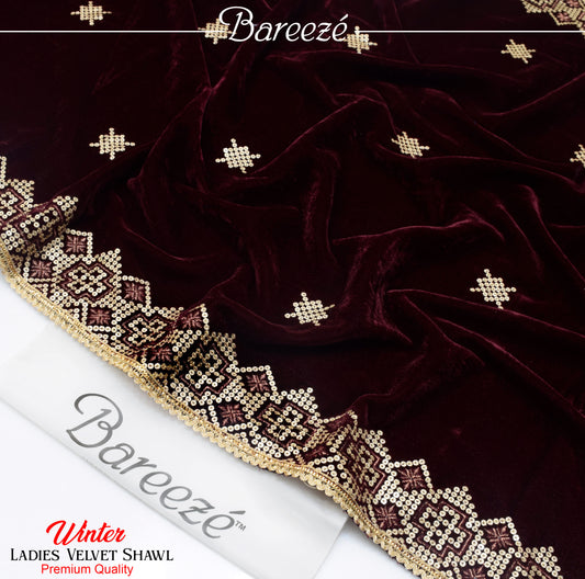 Bareeze Velvet Shawl Mehroon Border Emb